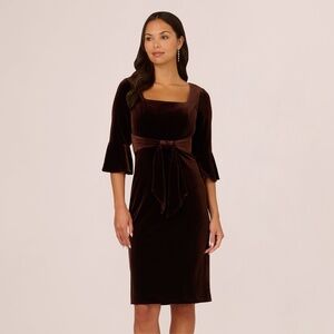 Adrianna Papell Velvet Tie Front Sheath Dress With Bell Sleeves In Dark Brown Si